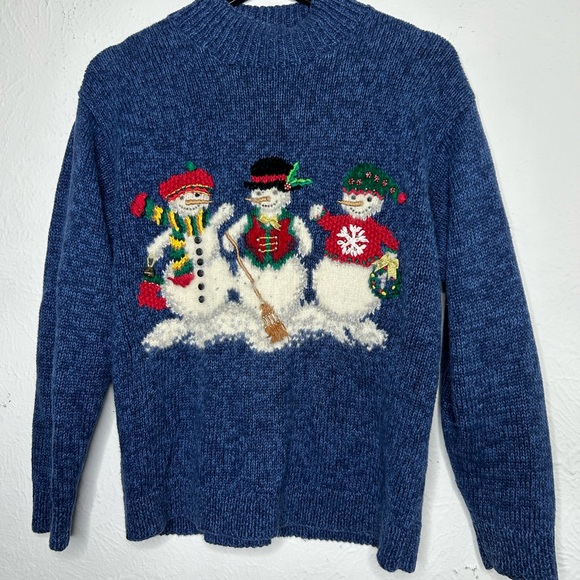 MARISA CHRISTINA VINTAGE CHRISTMAS SWEATER BLUE WITH THREEE SNOWMAN EMBROIDERED - Picture 1 of 7